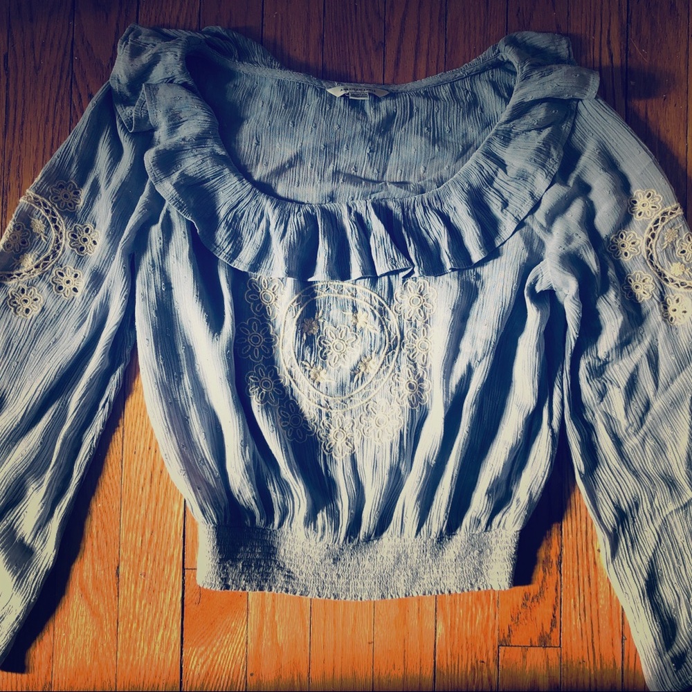 American Eagle Light Blue Grey Ruffle Blouse